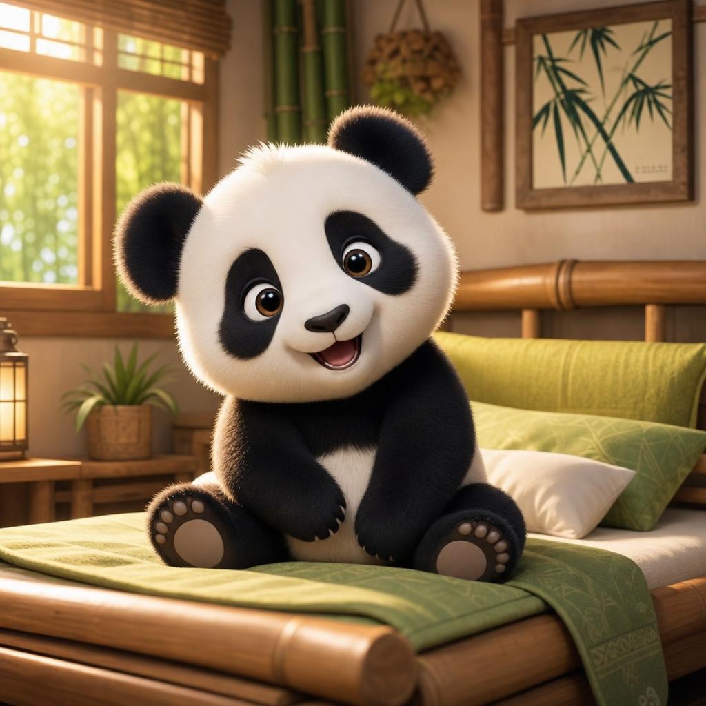 A happy baby panda sitting on a sunny bamboo bed in a cozy bedroom
