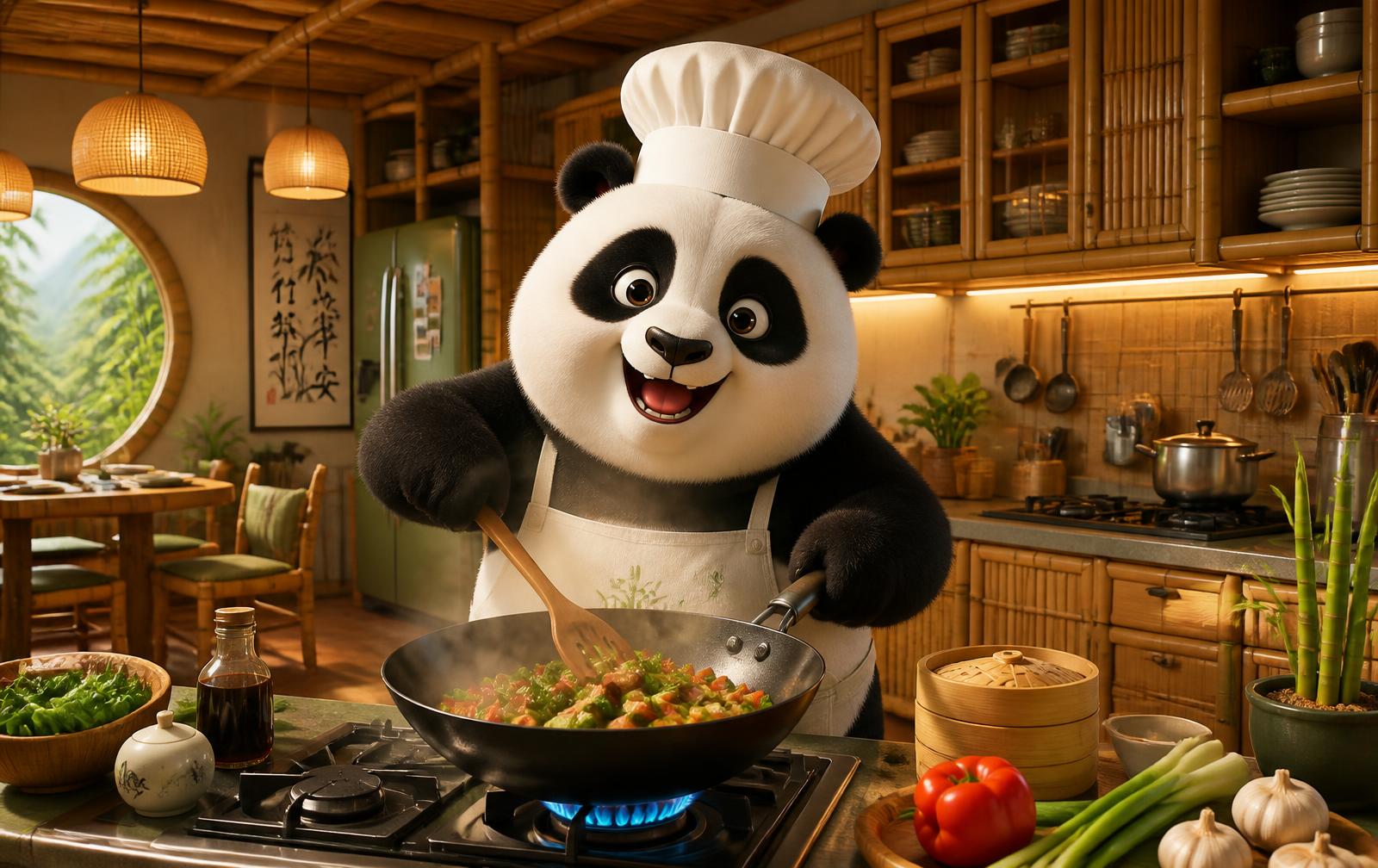 Smiling panda chef cooking in a bamboo kitchen with cookware