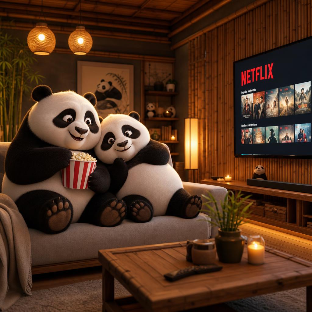 Two cute pandas cuddling on a sofa watching Netflix in a cozy bamboo living room